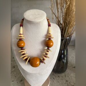 Handcrafted Wooden Bead Necklace - Brown and Cream 1980’s inspired